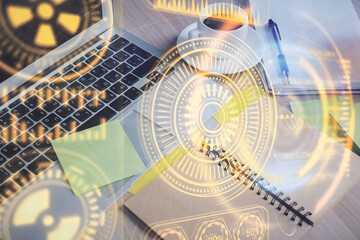 Double exposure of technology theme drawing and desktop with coffee and items on table background. Concept of high tech.
