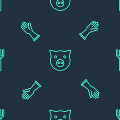 Set line Pig, Rubber gloves and Garden pitchfork on seamless pattern. Vector