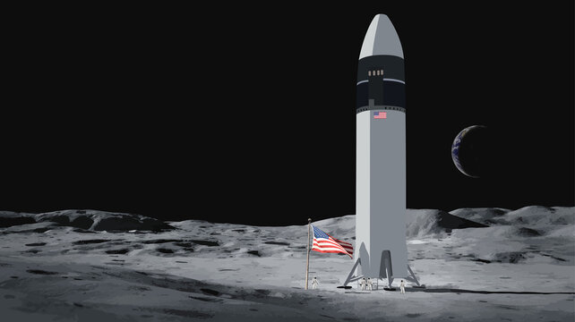 Elon Musk's ship on the moon,  Starship SN15, Spaceship to the moon, illustration