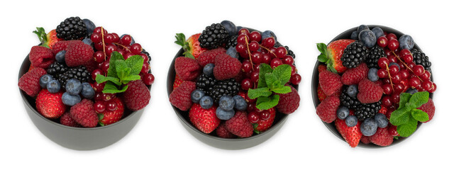 Three 3 bowls of ripe sweet different berries isolted on white. Harvest Concept.