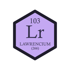 Lr Lawrencium Actinoid Chemical Element Periodic Table. Hexagon vector illustration, simple clean style Icon with molar mass and atomic number for Lab, science or chemistry education.