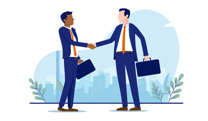 Diversity handshake vector illustration - two businessmen shaking hands on agreement and business deal. Corporate handshake and recruitment concept. 