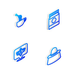 Set Isometric line Jar of honey, Honey dipper stick with, Bee and Beekeeper protect hat icon. Vector