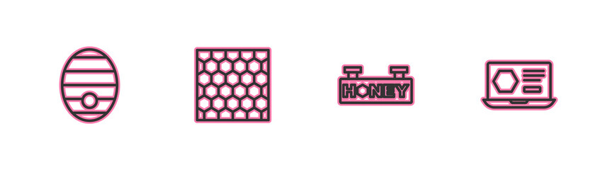 Set line Hive for bees, Hanging sign with honeycomb, Honeycomb and online service icon. Vector