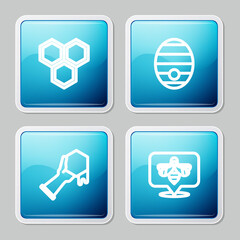 Set line Honeycomb, Hive for bees, and hand and Bee icon. Vector