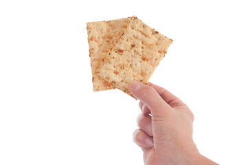 Biscuits in hand close up isolated on white background