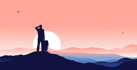 Backpacker on mountain top - Male person with backpack standing on top looking at view over horizon, mountain range and sunrise, with copy space for text. Vector illustration.