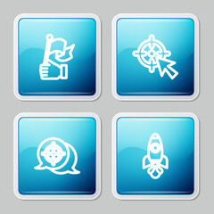 Set line Hand holding flag, Target, and Rocket ship icon. Vector