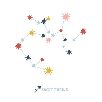 Sagittarius zodiac star sign clip art isolated on white. Celestial horoscope constellation vector illustration. Magical Boho baby spiritual astrological design.