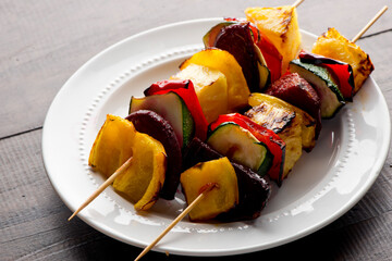 Vegetable kebabs w/ organic  grilled vegetables—zucchini, bell peppers, onions,...