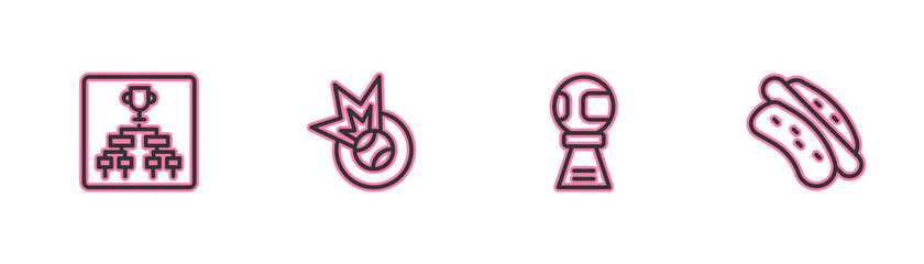 Obraz premium Set line Championship tournament bracket, Award cup with baseball ball, Baseball and Hotdog sandwich icon. Vector