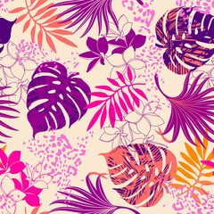 Seamless  illustration pattern of tropical leaves, dense jungle blue beige colors. Banner with tropic summertime motif for  texture, wrapping paper, textile or wallpaper design