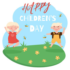 Happy children's day concept. Cartoon illustration with jumping happy smiling boy and girl.