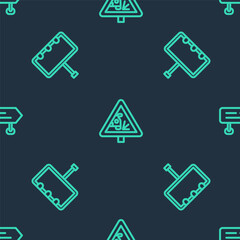Set line Warning road sign, Billboard with lights and Road traffic on seamless pattern. Vector