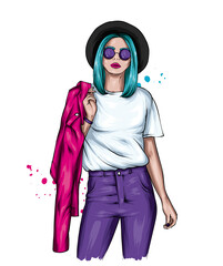 Beautiful girl in stylish clothes and a hat. Fashion and style, clothing and accessories.