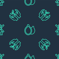 Set line Pumpkin seeds, Plant hand and Windmill on seamless pattern. Vector