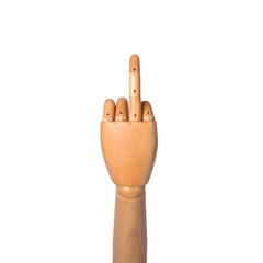 Backside of hand of wooden mannequin with open middle finger, isolated on white background