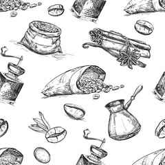 Hand drawn seamless pattern black and white of coffee beans, grain, spice, cinnamon, leaf. Vector illustration. Elements in graphic style label, sticker, menu, package.