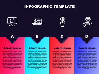 Set line Piggy bank, Laptop with dollar, Dollar plant and Hand giving money. Business infographic template. Vector