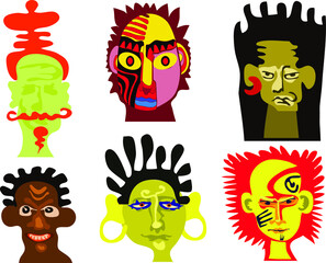 Colorful tribal faces on a white background. Use it for icons and for design.