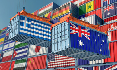 Freight containers with Australia and Greece national flags. 3D Rendering 