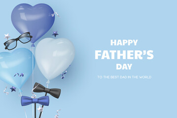Happy Fathers Day banner with glasses, bow tie and heart balloons. Blue background with greeting text. Realistic vector illustration.