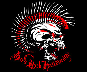 White skull with a Mohawk of bone on a black background. A drop of blood and the text Hard Rock Hallelujah. Vector Illustration punk skull with mohawk for t-shirt or tattoo design. Punk rocker. Red. 