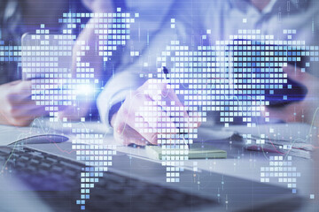 Double exposure of man and woman working together and financial theme hologram. international business concept. Computer background.