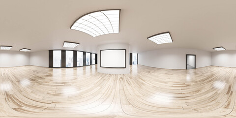 360 spherical panorama view of modern big white office with white board flip chart and windows and city view 3d render illustration © eliahinsomnia