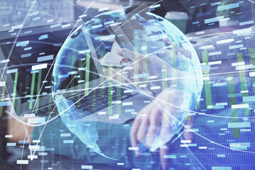 Double exposure of man and woman working together and financial theme hologram. international business concept. Computer background.