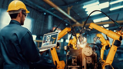 Smart industry robot arms modernization for digital factory technology . Concept of automation...