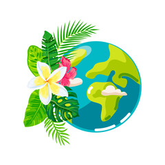 Planet Earth and tropical leaves and flowers on white background. Ecological concept. Save forest and jungle. Planet day. Planet week. Vector illustration.