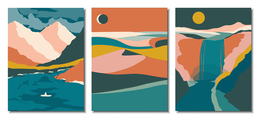 Abstract contemporary aesthetic backgrounds landscapes set with desert, sand dunes, mountains, lake, hills, moon, waterfall, rocks, river, sun, africa. Flat abstract design. vector background.