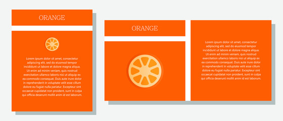 Orange. Information banner or tag in two designs. Description and useful properties of an orange. Template for essential oil, spices. Place for your text.