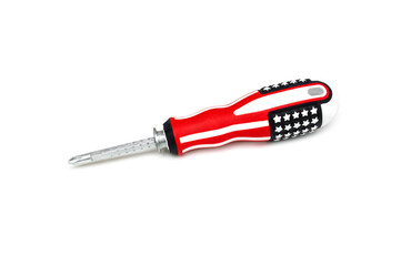 Screwdriver for repair work with US flag pattern handle isolated on white background.