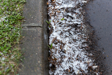 Hail. Hail on green grass and asphalt. snow balls after rain in spring.weather phenomenon