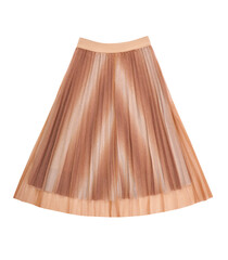 isolated pleated skirt on white, caramel colour of bell skirt,  light brown fashionable female outfit, beige drape garment,  terracotta flared skirt