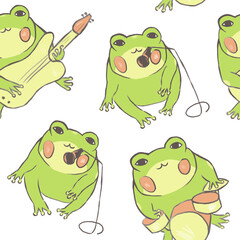 Seamless illustrative cute frogs pattern. Digital background with green frogs with music instruments
