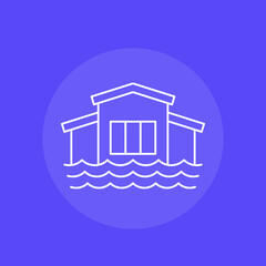 Flood icon with house and water, line vector