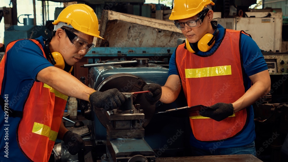 Poster group of skillful factory workers using machine equipment in workshop . industry and engineering peo