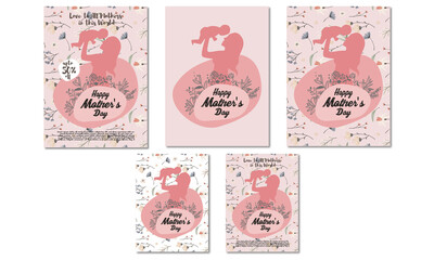 Happy Mother's Day greeting cards, flyer, poster, sale offer with paper cut or bleed area in a4 size, floral, pinkish