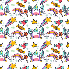 Unicorn in doodle style seamless pattern