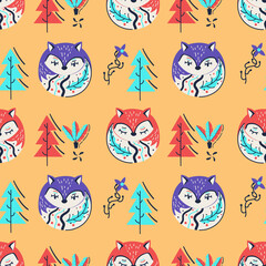 Folk fox seamless pattern design