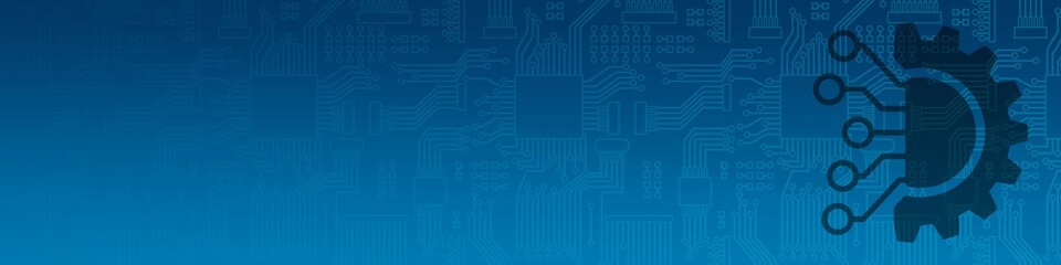 Obraz premium i4b140 Industrie4Banner i4b - cogwheel / gear wheel with abstract circuit board background . artificial intelligence . digital technology - free space for text . blue banner / copy space - 4to1 g10493