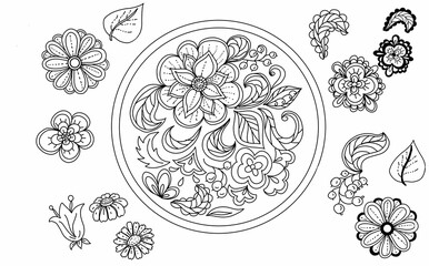Flowers leavesgraphic illustration hand-drawn folk style composition in a circle Mandala pattern oriental in Uruga symmetrical ornament mehendi meditation yoga. Coloring book for children and adults a
