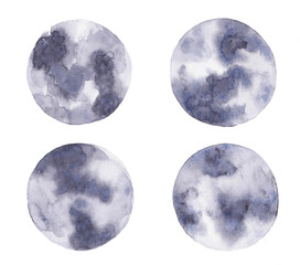Watercolor set of moons. Monochrome full moons.