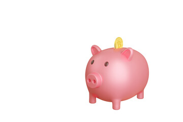 Money saving security idea. Put golden bitcoin in piggy bank.  Crypto currency saving. Modern lifestyle in earning and saving. Pink piggy bank 3D rendering illustration isolated on a white background.