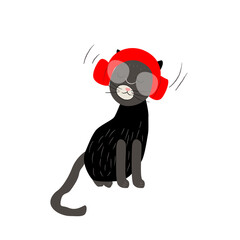 A funny hipster cat listening to the music through headphones. Vector illustration on white background.