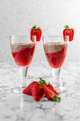 Strawberry and Strawberry Smoothie. Strawberry dessert. Light gray background. Place for your text.