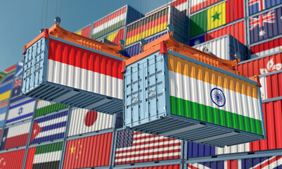 Freight containers with Indonesia and India national flags. 3D Rendering 